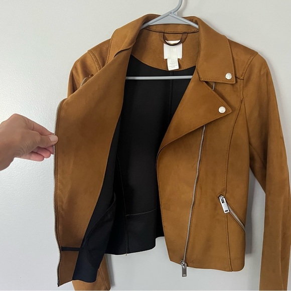 H&M Faux Suede Moto Jacket Camel Size 0 XS Classic Chic Urban Streetwear Edgy - Picture 9 of 11